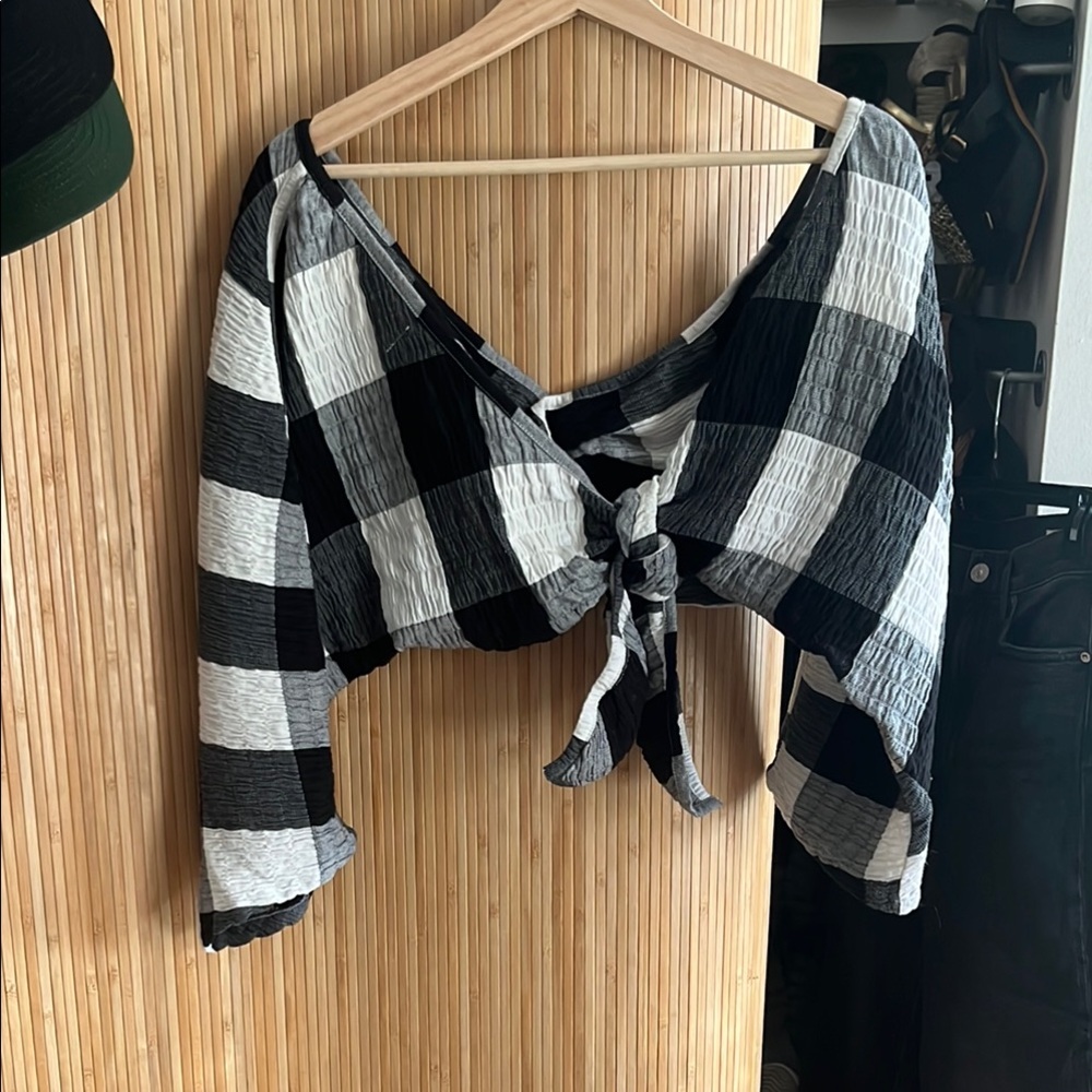 Mara Hoffman Black and White Tie Front Crop Blouse